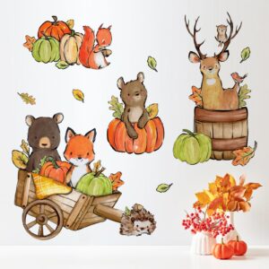 Yovkky Fall Woodland Animals Wall Decals Stickers, Autumn Pumpkin Bear Fox Deer Hedgehog Owl Neutral Nursery Toddler Decor, Thanksgiving Kids Room Home Decorations Bedroom Playroom Art