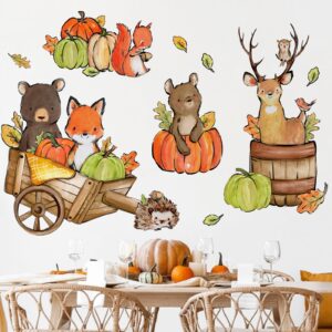 Yovkky Fall Woodland Animals Wall Decals Stickers, Autumn Pumpkin Bear Fox Deer Hedgehog Owl Neutral Nursery Toddler Decor, Thanksgiving Kids Room Home Decorations Bedroom Playroom Art