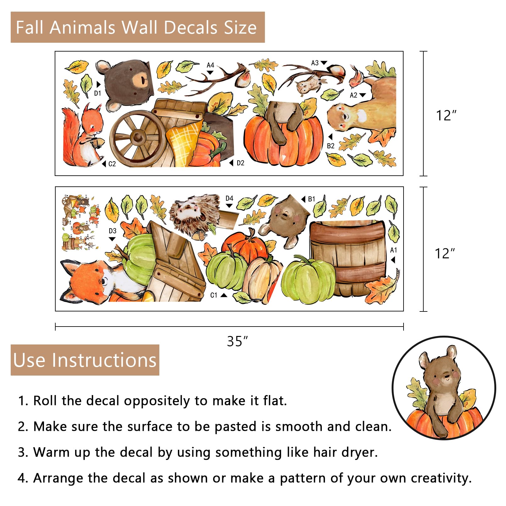 Yovkky Fall Woodland Animals Wall Decals Stickers, Autumn Pumpkin Bear Fox Deer Hedgehog Owl Neutral Nursery Toddler Decor, Thanksgiving Kids Room Home Decorations Bedroom Playroom Art