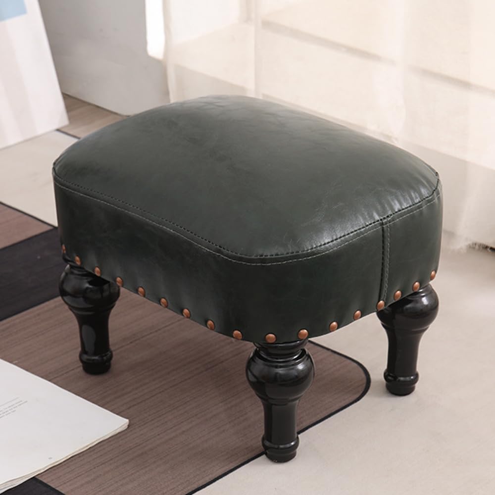 Leather Ottoman Footrest,Rustic Foot Stools Ottoman Seat, Wood Footstool,Rectangle Footrest Small Ottoman for Bedroom, Living Room, Office，Entrance Hall (DEEP Green)