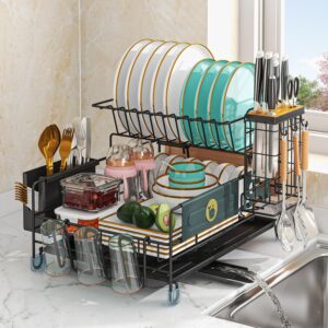 slhsy dish drying rack for kitchen counter,detachable 2 tier stainless steel dish strainers with utensil/cup/cutting-board holder and knife block rust-proof dish drainer，black