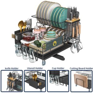 slhsy Dish Drying Rack for Kitchen Counter,Detachable 2 Tier Stainless Steel Dish Strainers with Utensil/Cup/Cutting-Board Holder and Knife Block Rust-Proof Dish Drainer，Black