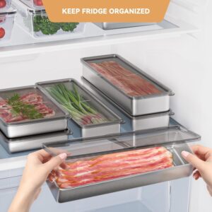 Freshmage Bacon Container for Refrigerator, 304 Stainless Steel Airtight Deli Meat Storage Containers for Fridge Dishwasher Safe Long Kitchen Food Storage Containers with Lids with Elevated Base…