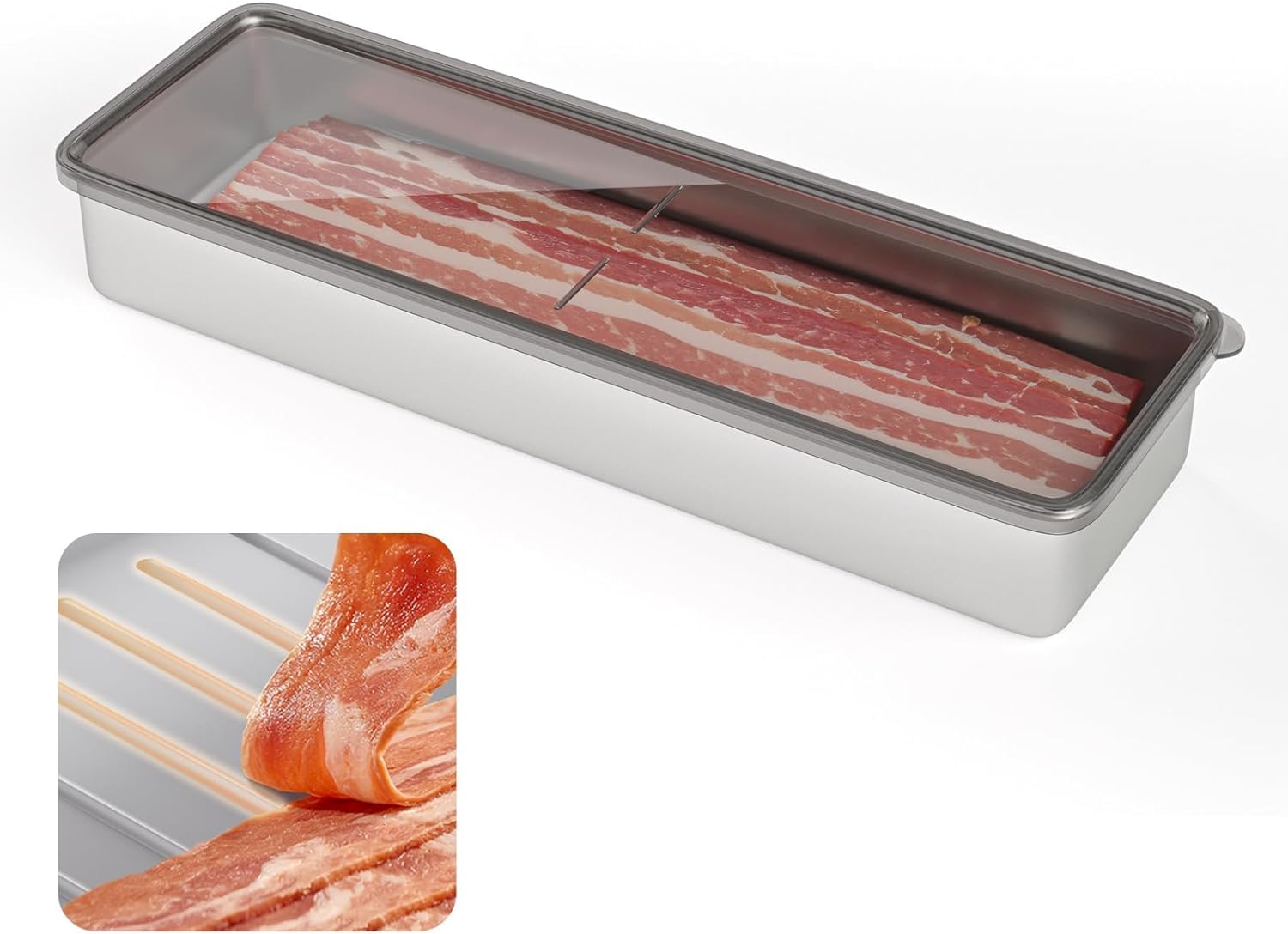 Freshmage Bacon Container for Refrigerator, 304 Stainless Steel Airtight Deli Meat Storage Containers for Fridge Dishwasher Safe Long Kitchen Food Storage Containers with Lids with Elevated Base…