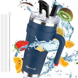opreine 32oz tumbler with handle, insulated tumbler with straw and lid, stainless steel double vacuum travel coffee mug cup, fit for car holder, spill proof, dishwasher safe, sweat proof, navy