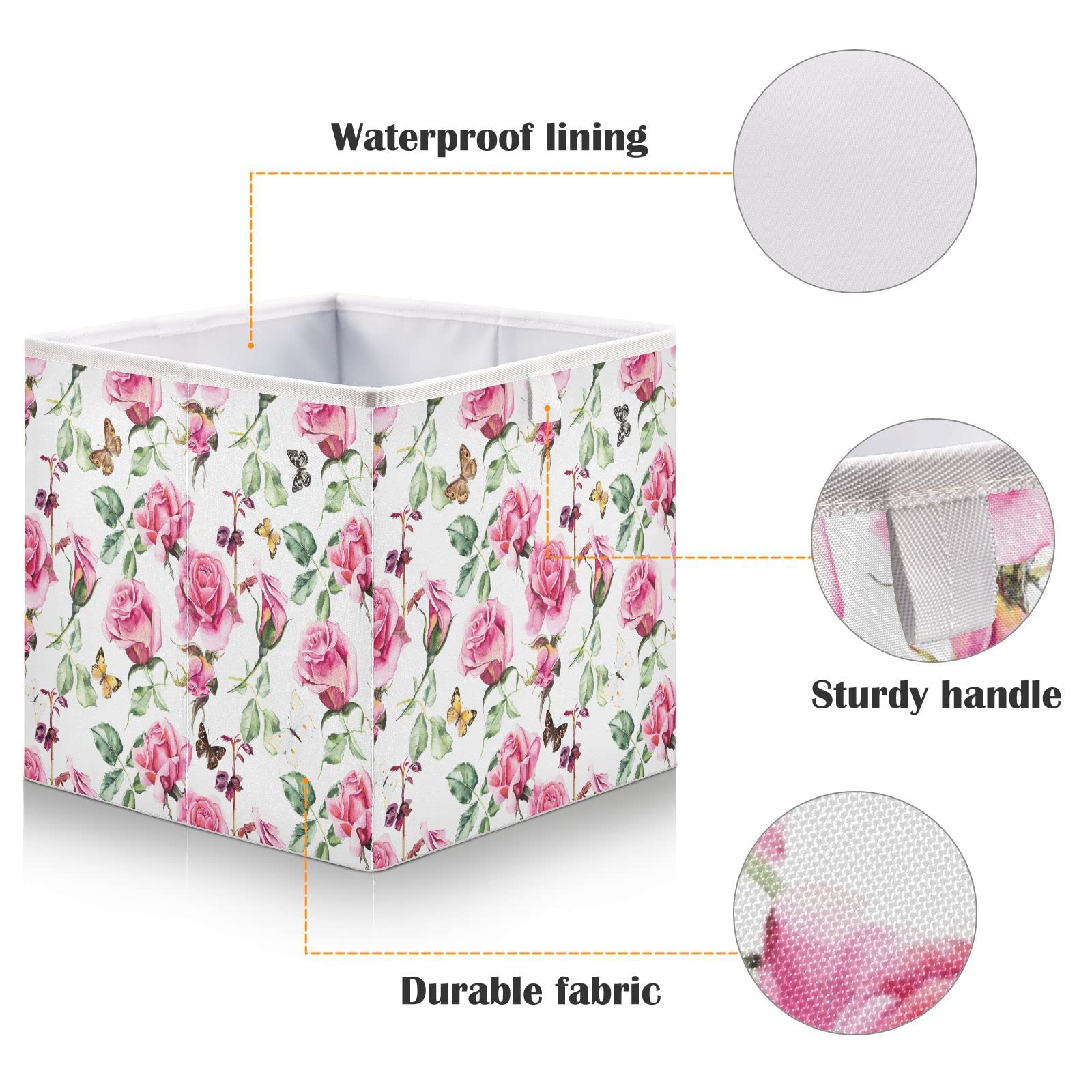 Kigai Rose Butterfly Cube Storage Bin, 11x11x11 in Collapsible Fabric Storage Cubes Organizer Portable Storage Baskets for Shelves, Closets, Laundry, Nursery, Home Decor