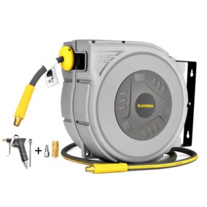 glahoden enclosed retractable air hose reel, 3/8 in x 65 ft hybrid hose air compressor hose reel with 6 ft lead in max 300 psi patented design for any length lock 180°swivel bracket quick coupler