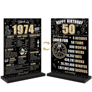 eiurteao black gold 50th birthday decorations back in 1974 table sign for men women, two-sided vintage 50 birthday wooden poster with stand party supplies, 50 year old bday display holder table decor