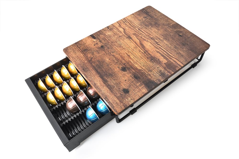 EVERIE Wooden Coffee Pod Storage Drawer Holder Compatible with Nespresso Vertuoline Capsules, Rustic Brown, NP01-WD01