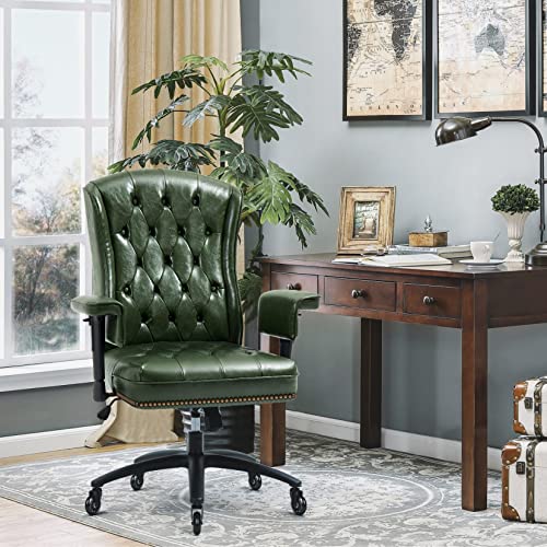 YAMASORO Ergonomic Executive Office Chair with Height-Adjustable,Tufted Back&Nailhead Trim, Home Office Desk Chairs for Home&Office, Faux Leather Swivel Work Chair,Green…