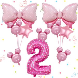 10Pcs Minnie Balloon, Pink Mouse Birthday Number Mylar Foil Balloons Huge Bow Birthday Party Supplies for Mouse Theme Baby Shower 2nd Birthday Party Decorations