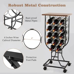 Giantex 14-Bottle Wine Rack Freestanding Floor - 30" Standing Wine Rack with Detachable and Lockable Wheels, Vertical Wine Holder Stand, Metal Wine Storage Racks with Wooden Top for Living Room, Black