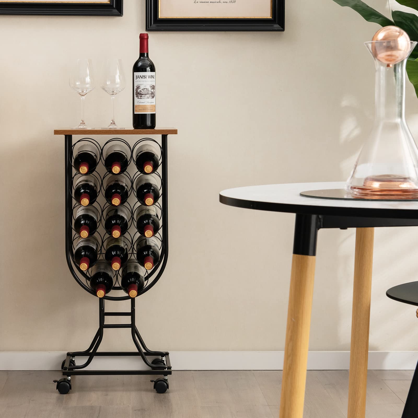 Giantex 14-Bottle Wine Rack Freestanding Floor - 30" Standing Wine Rack with Detachable and Lockable Wheels, Vertical Wine Holder Stand, Metal Wine Storage Racks with Wooden Top for Living Room, Black