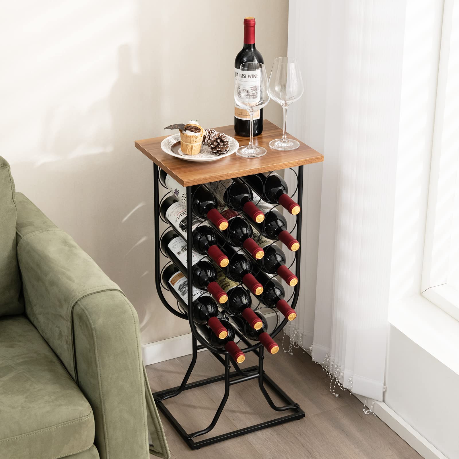 Giantex 14-Bottle Wine Rack Freestanding Floor - 30" Standing Wine Rack with Detachable and Lockable Wheels, Vertical Wine Holder Stand, Metal Wine Storage Racks with Wooden Top for Living Room, Black