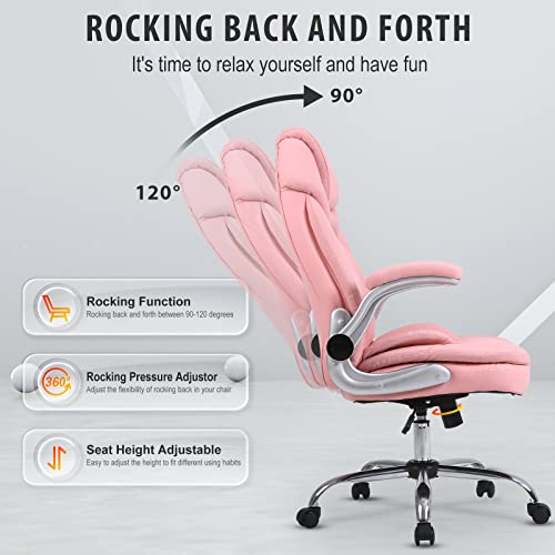 Comermax Ergonomic Executive Office Chairs with Adjustable Lumbar Support, 90-120° Rocking Managerial Chair Swivel Desk Chairs with Padded Flip-up Armrests (Pink), Medium(300lbs)