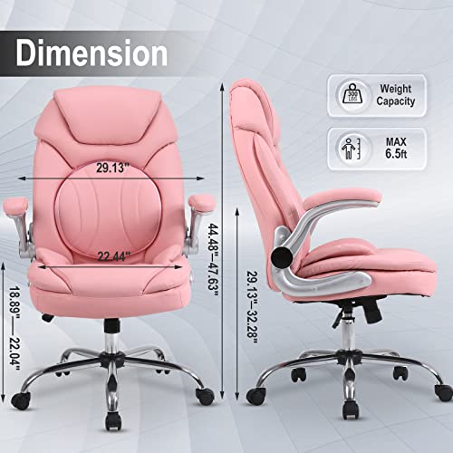 Comermax Ergonomic Executive Office Chairs with Adjustable Lumbar Support, 90-120° Rocking Managerial Chair Swivel Desk Chairs with Padded Flip-up Armrests (Pink), Medium(300lbs)