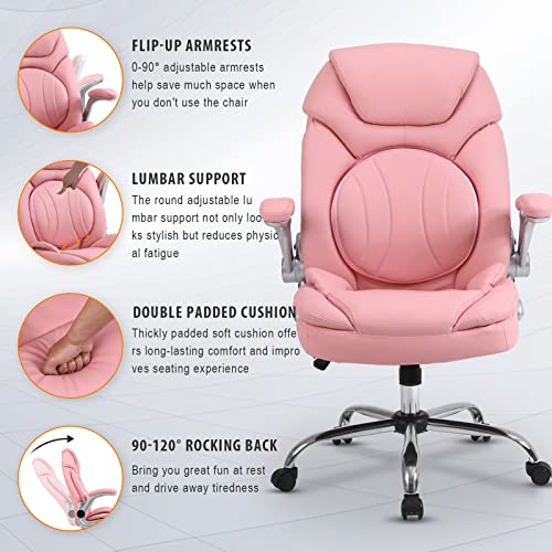 Comermax Ergonomic Executive Office Chairs with Adjustable Lumbar Support, 90-120° Rocking Managerial Chair Swivel Desk Chairs with Padded Flip-up Armrests (Pink), Medium(300lbs)