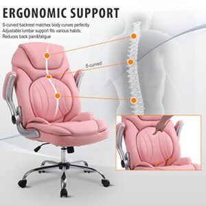 Comermax Ergonomic Executive Office Chairs with Adjustable Lumbar Support, 90-120° Rocking Managerial Chair Swivel Desk Chairs with Padded Flip-up Armrests (Pink), Medium(300lbs)