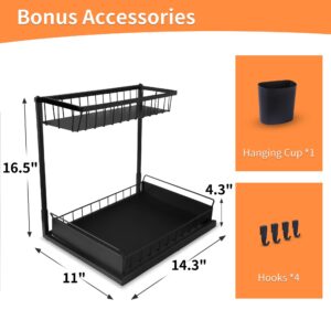 Lonffery Under Sink Organizers and Storage, Under Sink Shelves with Pull out Sliding Drawers, 2 Tier Cabinet Organizer with 4 Hooks and Hanging Cup for Bathroom and Kitchen, Black