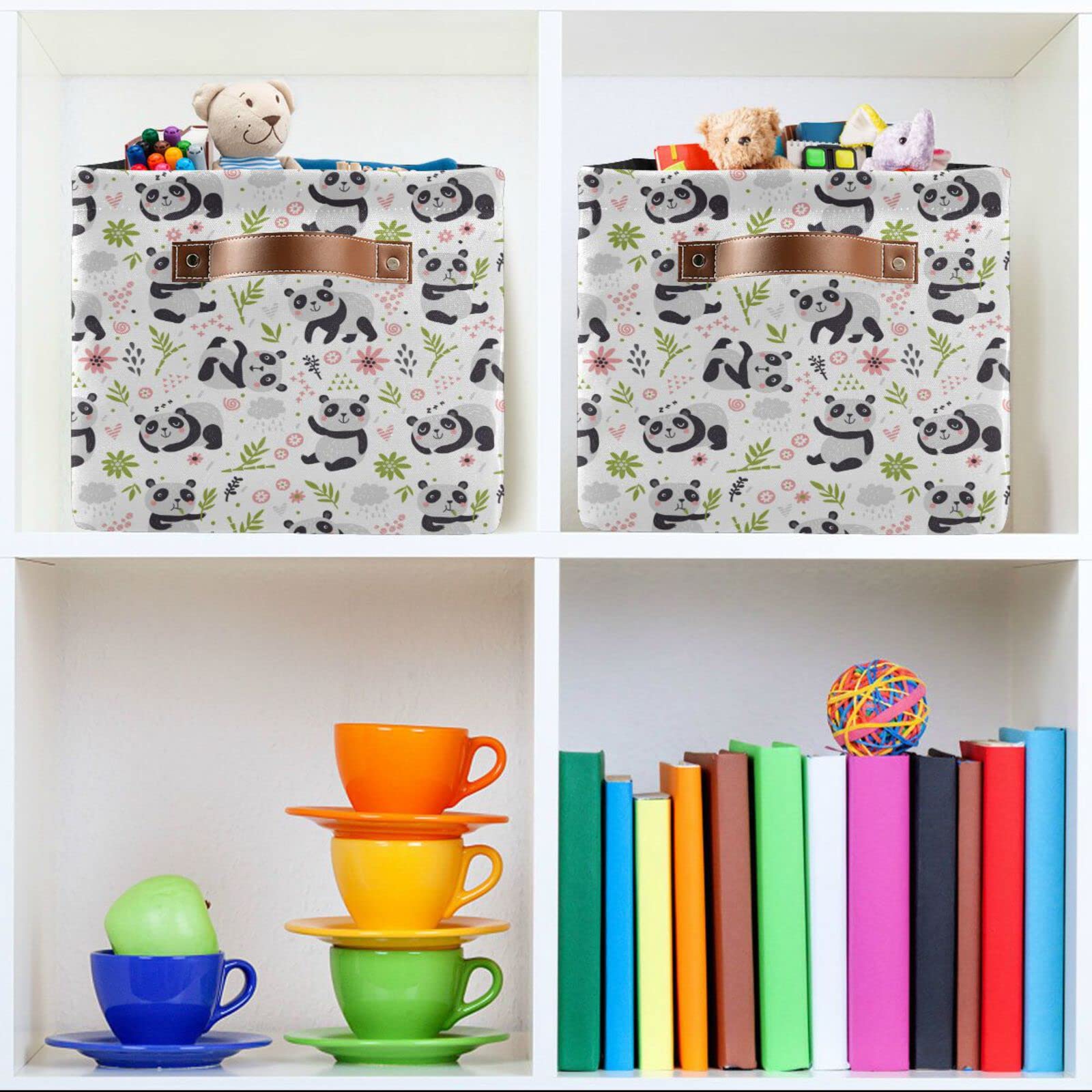 Kigai Panda Eating Bamboo Storage Baskets Rectangle Foldable Canvas Fabric Organizer Storage Boxes with Handles for Home Office Decorative Closet Shelves Clothes Storage