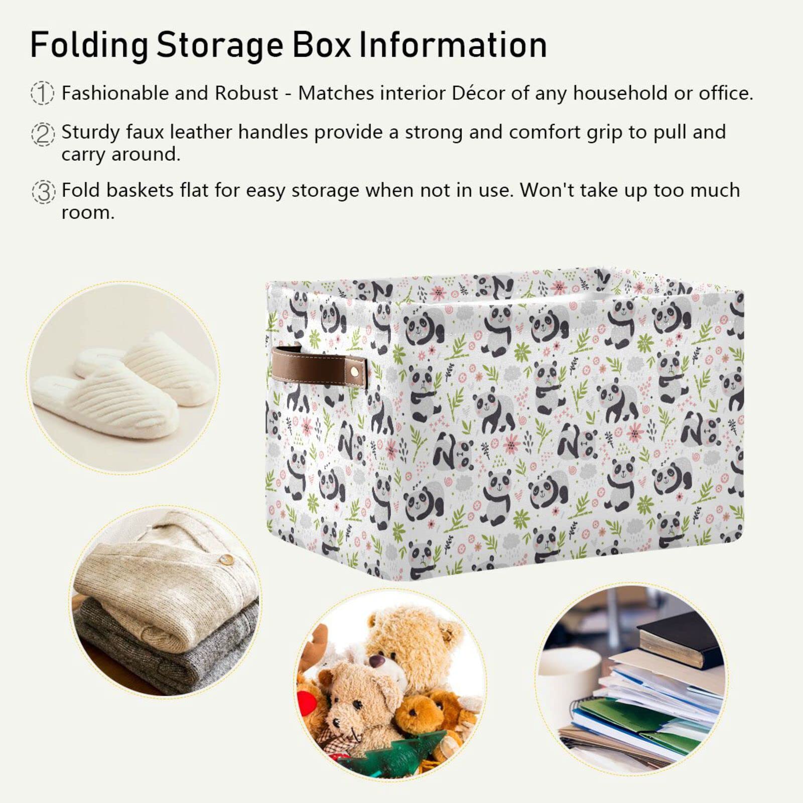 Kigai Panda Eating Bamboo Storage Baskets Rectangle Foldable Canvas Fabric Organizer Storage Boxes with Handles for Home Office Decorative Closet Shelves Clothes Storage