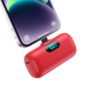 mini portable charger 5000mah for iphone,small & ultra compact 15w pd fast charging power bank, lcd display battery pack compatible with iphone 14/14 pro max/13/13 pro max/12/11/xr/x/8/7-dark red