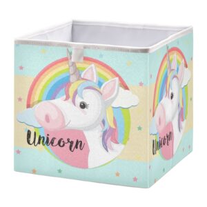 alaza unicorn head and rainbow fabric cube storage bin,collapsible fabric bins organizer foldable basket for closet cabinet shelf office,11.02x11.02x11.02in