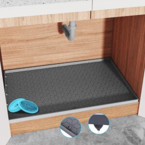 under sink mat for kitchen waterproof 34" x 22" under sink liners kitchen bathroom cabinet mats, silicone mat cabinet shelf protector with drain hole, under sink drip tray (grey) with 2 scrub sponges
