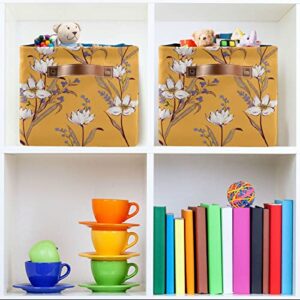Kigai Vintage Flower Floral Leaves Yeallow Storage Baskets Rectangle Foldable Canvas Fabric Organizer Storage Boxes with Handles for Home Office Decorative Closet Shelves Clothes Storage