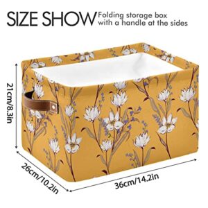 Kigai Vintage Flower Floral Leaves Yeallow Storage Baskets Rectangle Foldable Canvas Fabric Organizer Storage Boxes with Handles for Home Office Decorative Closet Shelves Clothes Storage