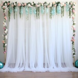 Tao-Ge 10ft x 10ft White Sheer Tulle Backdrop Curtains for Party Wedding Wrinkle Free Curtain Backdrops Drapes for Baby Shower Birthday Party Photo Back Drop Background Home Decorations