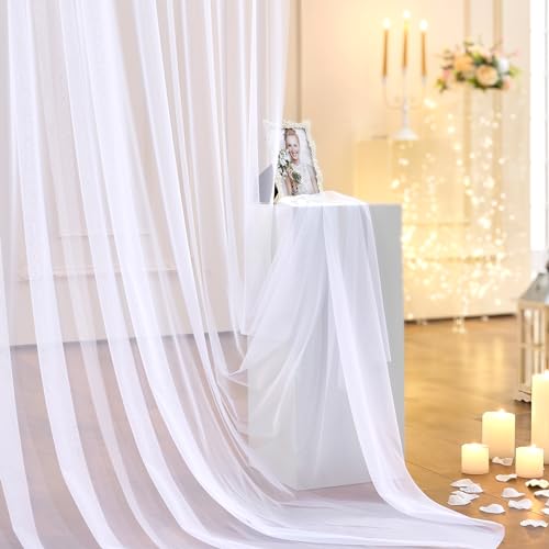 Tao-Ge 10ft x 10ft White Sheer Tulle Backdrop Curtains for Party Wedding Wrinkle Free Curtain Backdrops Drapes for Baby Shower Birthday Party Photo Back Drop Background Home Decorations