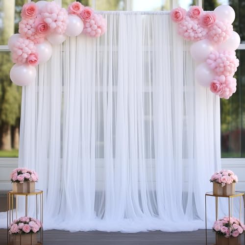 Tao-Ge 10ft x 10ft White Sheer Tulle Backdrop Curtains for Party Wedding Wrinkle Free Curtain Backdrops Drapes for Baby Shower Birthday Party Photo Back Drop Background Home Decorations