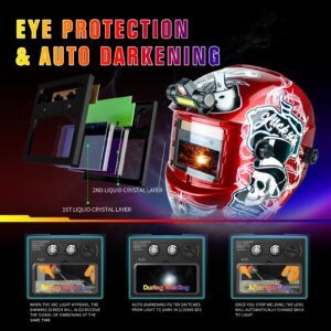 TRQWH Auto Darkening Welding Hood Welding Helmet Solar Powered True Color Welding Mask 2 Arc Sensor Wide Shade 9-13 Flaming Skull Welder Helmet with Grinding Cut for MIG TIG ARC