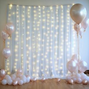 10ft x 10ft White Sheer Tulle Backdrop Curtains with Lights String for Party Wedding Wrinkle Free Curtain Backdrops Drapes for Baby Shower Birthday Party Photo Back Drop Background Home Decorations