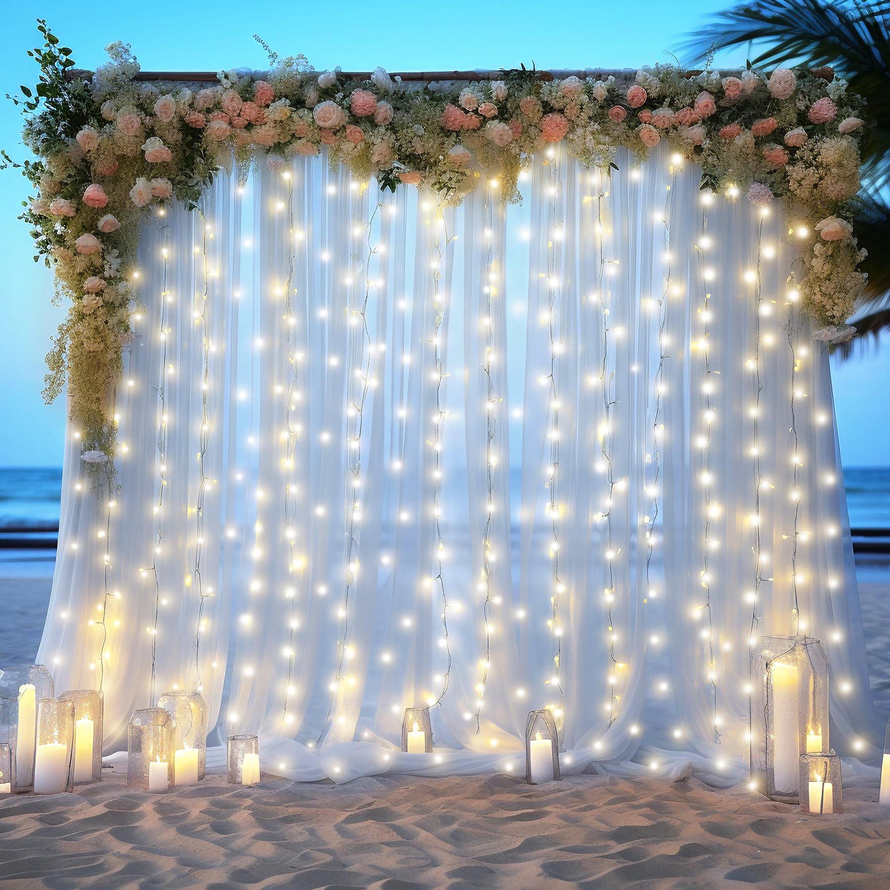 White Sheer Tulle Backdrop Curtains with Lights String for Party Wedding Wrinkle Free Curtain Backdrops Drapes for Baby Shower Birthday Party Photo Back Drop Background Home Decorations 10ft x 8ft