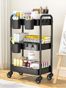 3 tier rolling cart, yasonic metal utility cart, 66 pounds capacity, mesh storage organizer cart with lockable wheels & 3 hanging cups & 4hooks, easy assembly, for kitchen, bathroom, laundry, grocery