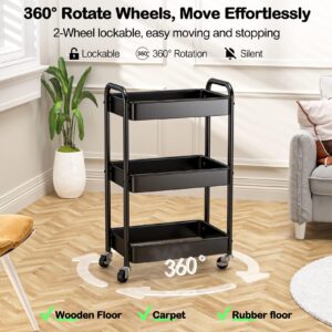 3 Tier Rolling Cart, YASONIC Metal Utility Cart, 66 Pounds Capacity, Mesh Storage Organizer Cart with Lockable Wheels & 3 Hanging Cups & 4Hooks, Easy Assembly, for Kitchen, Bathroom, Laundry, Grocery