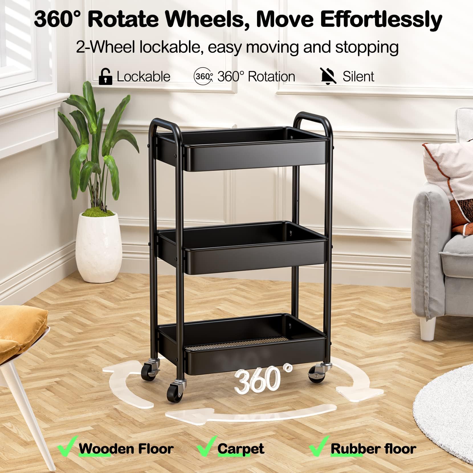 3 Tier Rolling Cart, YASONIC Metal Utility Cart, 66 Pounds Capacity, Mesh Storage Organizer Cart with Lockable Wheels & 3 Hanging Cups & 4Hooks, Easy Assembly, for Kitchen, Bathroom, Laundry, Grocery