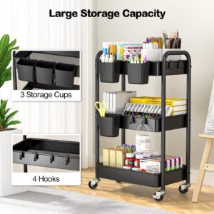 3 Tier Rolling Cart, YASONIC Metal Utility Cart, 66 Pounds Capacity, Mesh Storage Organizer Cart with Lockable Wheels & 3 Hanging Cups & 4Hooks, Easy Assembly, for Kitchen, Bathroom, Laundry, Grocery