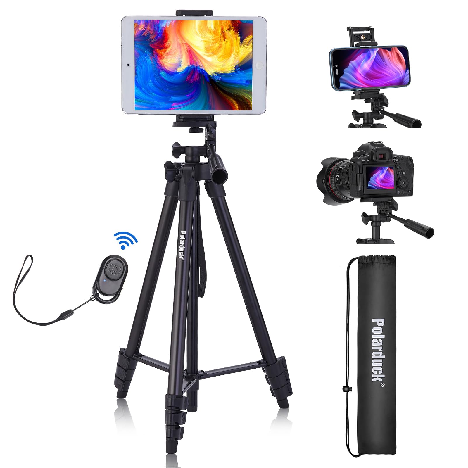 Polarduck 60" Camera Tripod Phone Stand: Selfie Stick Tripod for iPhone iPad with Cell Phone Mount, Remote and Travel Bag Compatible with Canon Nikon Sony DSLR | Cellphone | Tablet | Projector