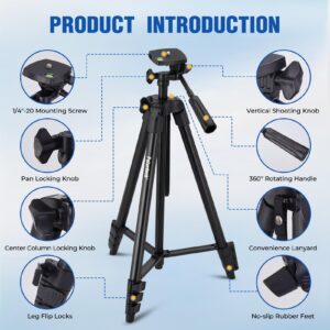 Polarduck 60" Camera Tripod Phone Stand: Selfie Stick Tripod for iPhone iPad with Cell Phone Mount, Remote and Travel Bag Compatible with Canon Nikon Sony DSLR | Cellphone | Tablet | Projector