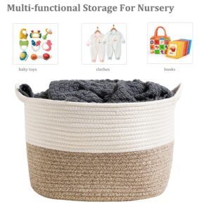 JIA QAQ Square Cotton Rope Samll Baskets With Handles for Nursery, Toys, Household, Nursery, Handcrafted Woven Gift Baskets for Storage and Organization,13.5x11x9.5inch (white-champagne)