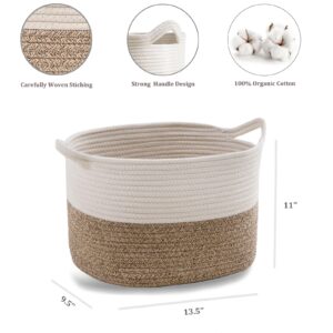 JIA QAQ Square Cotton Rope Samll Baskets With Handles for Nursery, Toys, Household, Nursery, Handcrafted Woven Gift Baskets for Storage and Organization,13.5x11x9.5inch (white-champagne)