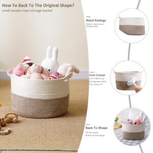 JIA QAQ Square Cotton Rope Samll Baskets With Handles for Nursery, Toys, Household, Nursery, Handcrafted Woven Gift Baskets for Storage and Organization,13.5x11x9.5inch (white-champagne)