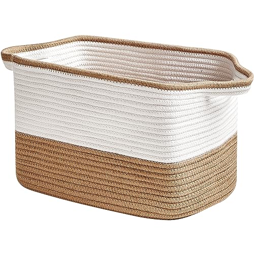 R RUNKA Cotton Rope Storage Basket (15"x10.2"x9.1") - Rectangle Storage Bins - Versatile Toy Storage Organizer - Perfect for Kids, Dog Toys, Books, Shelves - White & Khaki