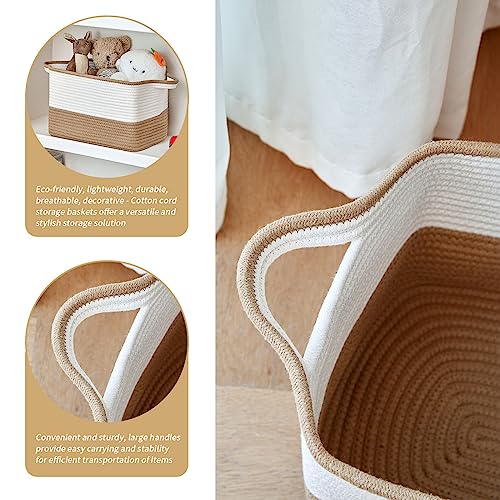 R RUNKA Cotton Rope Storage Basket (15"x10.2"x9.1") - Rectangle Storage Bins - Versatile Toy Storage Organizer - Perfect for Kids, Dog Toys, Books, Shelves - White & Khaki