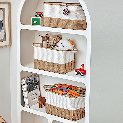 R RUNKA Cotton Rope Storage Basket (15"x10.2"x9.1") - Rectangle Storage Bins - Versatile Toy Storage Organizer - Perfect for Kids, Dog Toys, Books, Shelves - White & Khaki