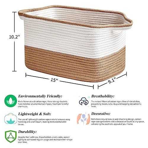 R RUNKA Cotton Rope Storage Basket (15"x10.2"x9.1") - Rectangle Storage Bins - Versatile Toy Storage Organizer - Perfect for Kids, Dog Toys, Books, Shelves - White & Khaki