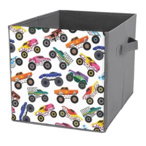 DamTma Storage Cubes Color Monster Trucks 11 Inch Cube Storage Bin with Handles Cartoon Car Fabric Collapsible Cube Baskets for Shelf Toys Clothing Books